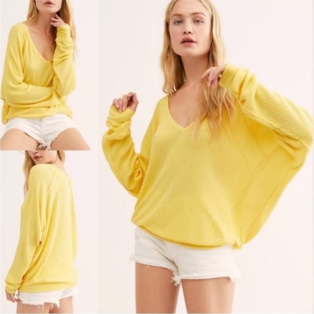 Free People We The Free Clara yellow waffle thermal v-neck top 36248